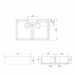 Rangemaster Double Bowl Belfast White Fireclay Ceramic Kitchen Sink & Waste Kit With Overflow - 795 X 491mm -Vado Sale Store rangemaster double bowl belfast ceramic sink technical drawing