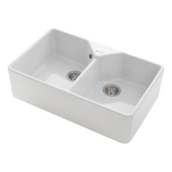 Rangemaster Double Bowl Belfast White Fireclay Ceramic Kitchen Sink & Waste Kit With Overflow - 795 X 491mm -Vado Sale Store rangemaster double bowl belfast white ceramic sink 795x491mm cutout