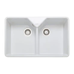 Rangemaster Double Bowl Belfast White Fireclay Ceramic Kitchen Sink & Waste Kit With Overflow - 795 X 491mm