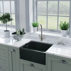 Rangemaster Farmhouse Belfast 1 Bowl Fireclay Anthracite Ceramic Kitchen Sink & Waste Kit - 595 X 455mm -Vado Sale Store rangemaster farmhouse belfast 1 bowl anthracite ceramic sink lifestyle 2