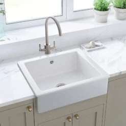 Rangemaster Hartland Belfast 1 Bowl Gloss White Fireclay Ceramic Kitchen Sink & Waste - 622 X 494mm