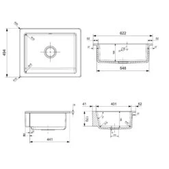 Rangemaster Hartland Belfast 1 Bowl Gloss White Fireclay Ceramic Kitchen Sink & Waste - 622 X 494mm 15 Rangemaster Hartland Belfast 1 Bowl Gloss White Fireclay Ceramic Kitchen Sink & Waste - 622 X 494mm -Vado Sale Store rangemaster hartland belfast sink tech drawing