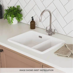 Rangemaster Rustique 1.5 Bowl Ceramic Undermount / Inset Kitchen Sink & Waste Kit - 595 X 460mm -Vado Sale Store rangemaster rustique 1 5 bowl ceramic kitchen sink lifestyle 2 bottom banner