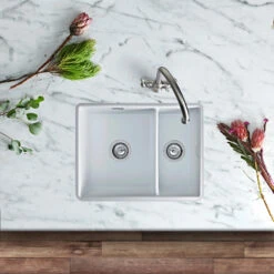 Rangemaster Rustique 1.5 Bowl Ceramic Undermount / Inset Kitchen Sink & Waste Kit - 595 X 460mm -Vado Sale Store rangemaster rustique 1 5 bowl ceramic kitchen sink lifestyle 3