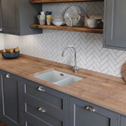 Rangemaster Rustique 1.5 Bowl Ceramic Undermount / Inset Kitchen Sink & Waste Kit - 595 X 460mm -Vado Sale Store rangemaster rustique 1 5 bowl ceramic kitchen sink lifestyle 4