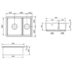 Rangemaster Rustique 1.5 Bowl Ceramic Undermount / Inset Kitchen Sink & Waste Kit - 595 X 460mm -Vado Sale Store rangemaster rustique 1 5 bowl ceramic kitchen sink tech drawing