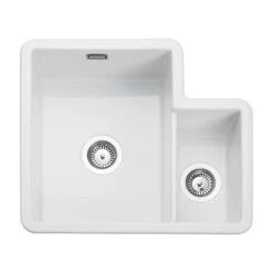 Rangemaster Rustique 1.3 Bowl White Ceramic Undermount Kitchen Sink & Waste Kit With Left Hand Main Bowl - 600 X 520mm