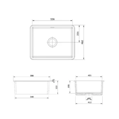 Rangemaster Rustique 1 Bowl Inset/Undermount Fireclay White Ceramic Kitchen Sink & Waste Kit - 598 X 462mm 7 Rangemaster Rustique 1 Bowl Inset/Undermount Fireclay White Ceramic Kitchen Sink & Waste Kit - 598 X 462mm -Vado Sale Store rangemaster rustique 1 bowl inset ceramic sink 598x462mm technical drawing