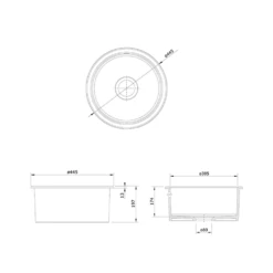Rangemaster Rustique 1 Bowl Inset/Undermount Fireclay White Ceramic Kitchen Sink & Waste Kit - 445 X445mm 7 Rangemaster Rustique 1 Bowl Inset/Undermount Fireclay White Ceramic Kitchen Sink & Waste Kit - 445 X445mm -Vado Sale Store rangemaster rustique 1 bowl round inset ceramic sink technical drawing