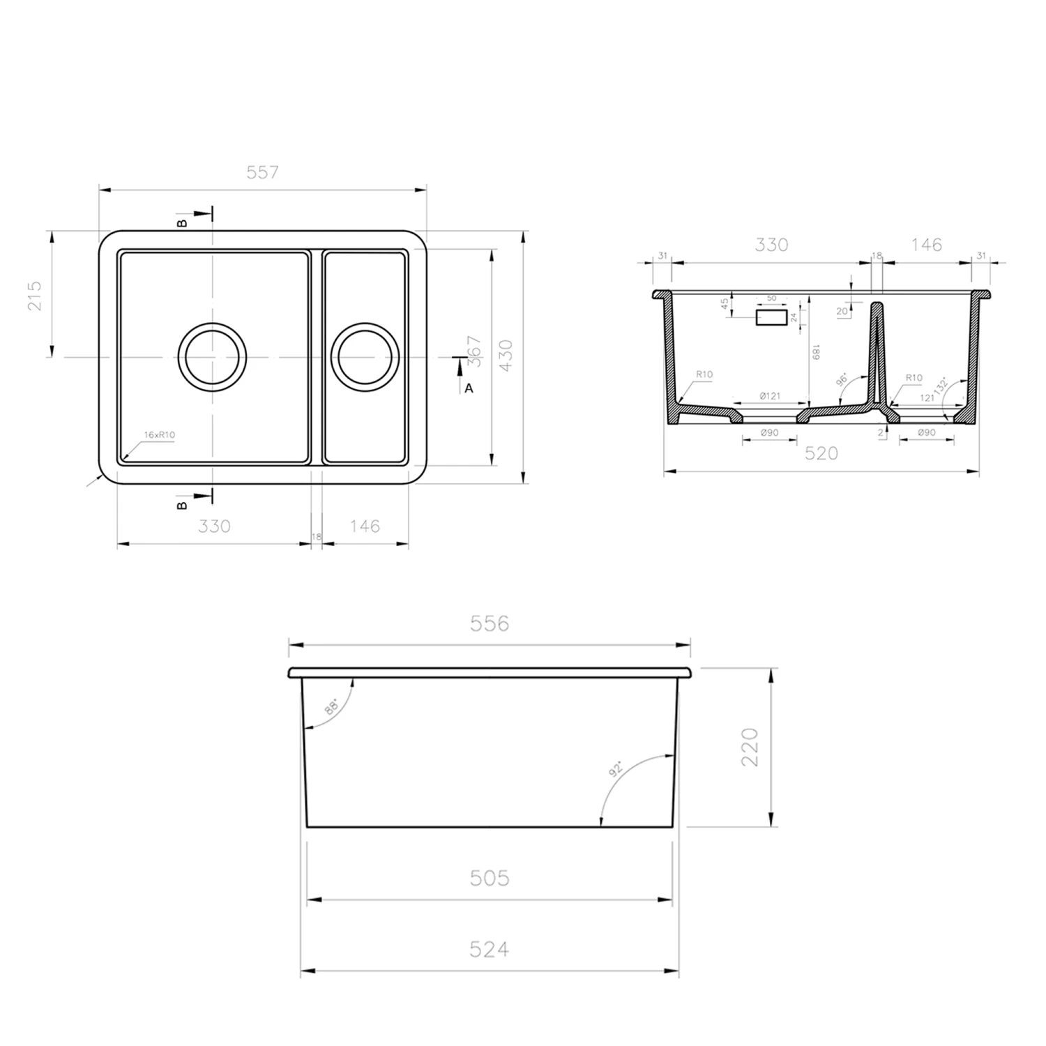 Rangemaster Rustique 1.5 Bowl Ceramic Undermount / Inset Kitchen Sink & Waste Kit - 557 X 430 Mm 6 Rangemaster Rustique 1.5 Bowl Ceramic Undermount / Inset Kitchen Sink & Waste Kit - 557 X 430 Mm - Image 4