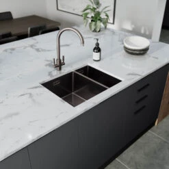 Rangemaster Spectra 1.5 Bowl Copper Inset Or Undermount Stainless Steel Kitchen Sink & Waste With Right Hand Main Bowl - 555 X 440mm 27 Rangemaster Spectra 1.5 Bowl Copper Inset Or Undermount Stainless Steel Kitchen Sink & Waste With Right Hand Main Bowl - 555 X 440mm -Vado Sale Store rangemaster spectra 1 5 bowl graphite lifestyle 1 lh