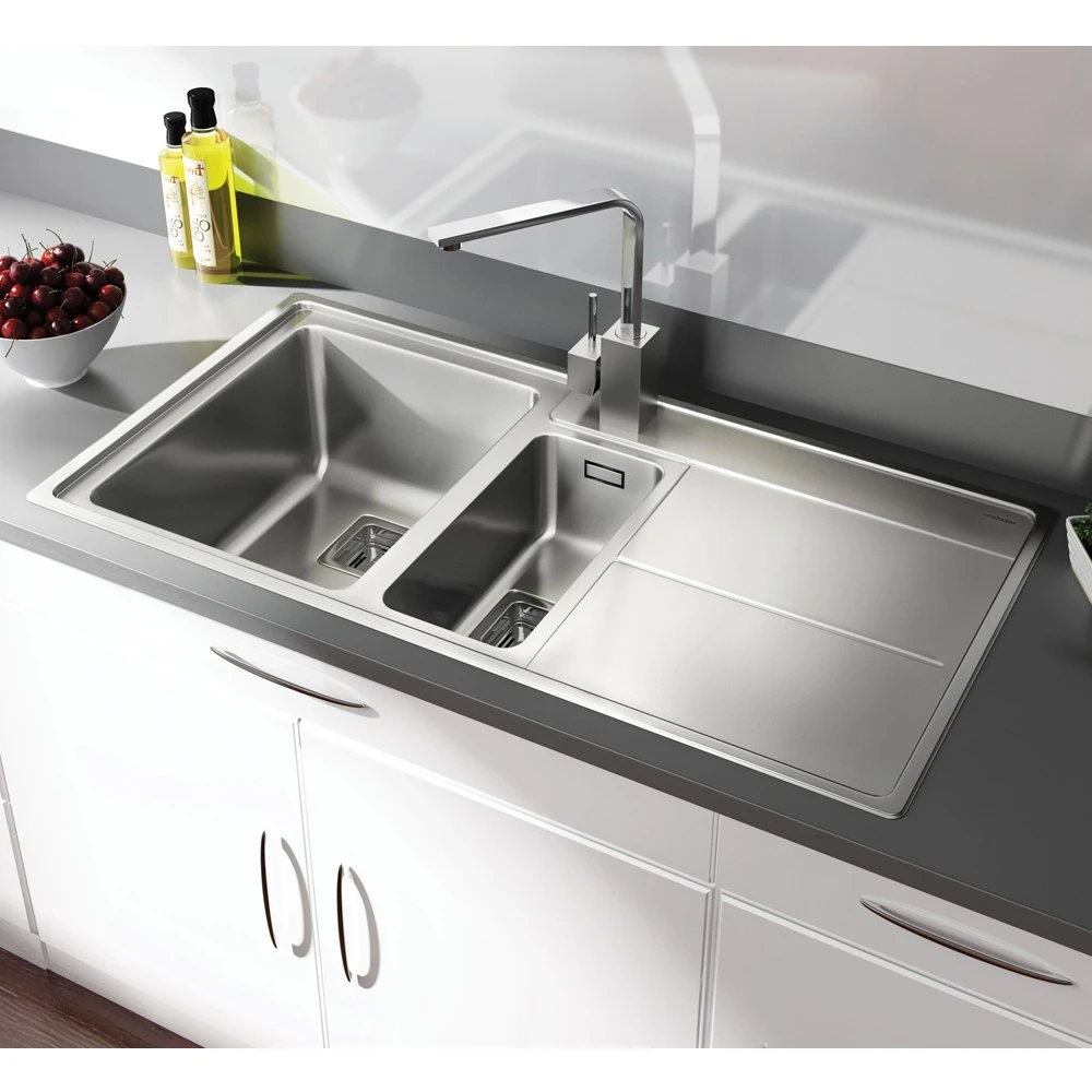 Rangemaster Arlington 1.5 Bowl Brushed Stainless Steel Sink & Waste Kit With Right Hand Drainer - 985 X 508mm 3 Rangemaster Arlington 1.5 Bowl Brushed Stainless Steel Sink & Waste Kit With Right Hand Drainer - 985 X 508mm