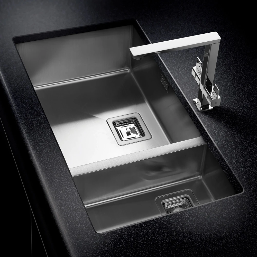 Rangemaster Atlantic Kube 1.5 Bowl Stainless Steel Undermount Sink & Waste Kit With Right Hand Small Bowl - 580 X 430mm 4 Rangemaster Atlantic Kube 1.5 Bowl Stainless Steel Undermount Sink & Waste Kit With Right Hand Small Bowl - 580 X 430mm - Image 2