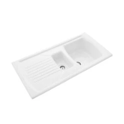 Rangemaster Tenby 1.5 Bowl Gloss White Fireclay Ceramic Kitchen Sink & Waste With Reversible Drainer - 995 X 497mm -Vado Sale Store rangemaster tenby 1 5 bowl ceramic sink cutout 1