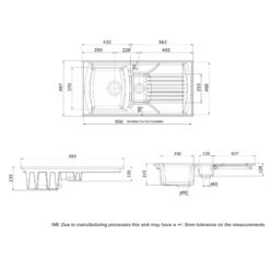 Rangemaster Tenby 1.5 Bowl Gloss White Fireclay Ceramic Kitchen Sink & Waste With Reversible Drainer - 995 X 497mm -Vado Sale Store rangemaster tenby 1 5 bowl ceramic sink tech drawing