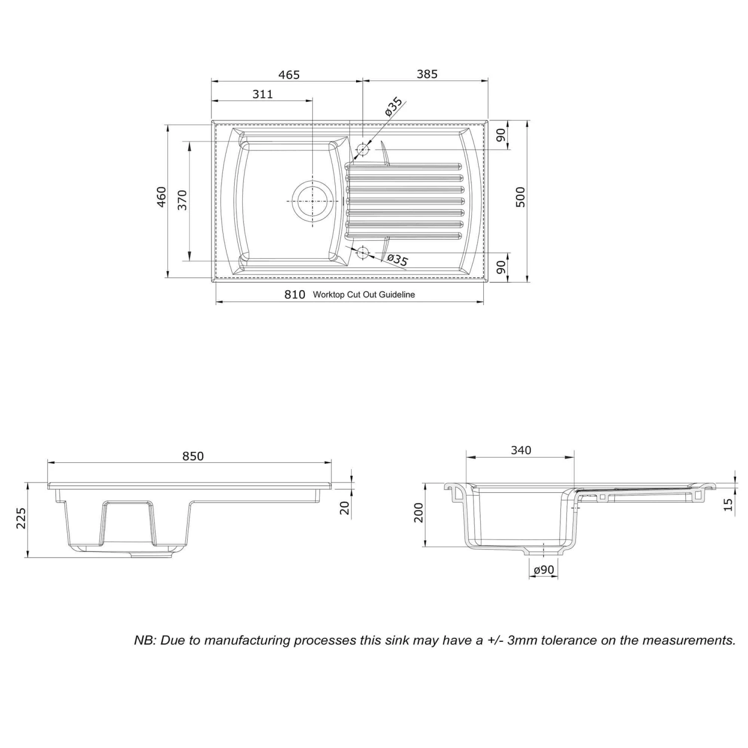 Rangemaster Tenby Compact 1 Bowl Gloss White Fireclay Ceramic Kitchen Sink & Waste With Reversible Drainer - 850 X 500mm 8 Rangemaster Tenby Compact 1 Bowl Gloss White Fireclay Ceramic Kitchen Sink & Waste With Reversible Drainer - 850 X 500mm - Image 6