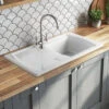 Rangemaster Tenby Compact 1 Bowl Gloss White Fireclay Ceramic Kitchen Sink & Waste With Reversible Drainer - 850 X 500mm -Vado Sale Store rangemaster tenby compact 1 bowl sink 850x500 lifestyle