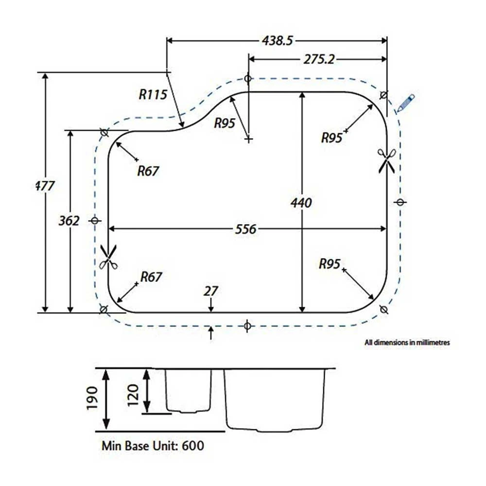 Rangemaster Atlantic Classic 1.5 Bowl Stainless Steel Undermount Sink & Waste Kit With Right Hand Small Bowl - 597 X 472mm 4 Rangemaster Atlantic Classic 1.5 Bowl Stainless Steel Undermount Sink & Waste Kit With Right Hand Small Bowl - 597 X 472mm - Image 2