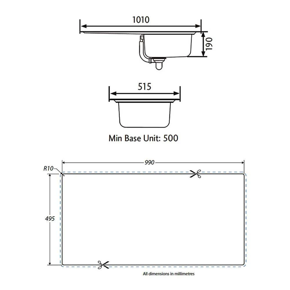 Rangemaster Manhattan 1 Bowl Brushed Stainless Steel Sink & Waste Kit With Right Hand Drainer - 1010 X 515mm 4 Rangemaster Manhattan 1 Bowl Brushed Stainless Steel Sink & Waste Kit With Right Hand Drainer - 1010 X 515mm - Image 2