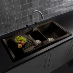 Reginox 1.5 Bowl Black Ceramic Kitchen Sink & Waste Kit With Reversible Drainer - 1010 X 525mm -Vado Sale Store reginox 1 5 bowl black ceramic kitchen sink lifestyle v2