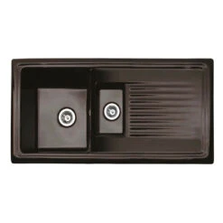 Reginox 1.5 Bowl Black Ceramic Kitchen Sink & Waste Kit With Reversible Drainer - 1010 X 525mm -Vado Sale Store reginox 1.5 bowl ceramic sink waste kit black cutout v2