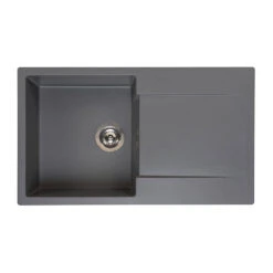 Reginox Amsterdam Compact Single Bowl Grey Silvery Granite Composite Kitchen Sink & Waste Kit With Reversible Drainer - 860 X 500mm -Vado Sale Store reginox amsterdam 1 bowl grey silvery granite sink cutout
