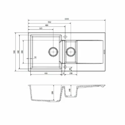 Reginox Amsterdam 1.5 Bowl Black Silvery Granite Composite Kitchen Sink & Waste Kit With Reversible Drainer - 1000 X 500mm -Vado Sale Store reginox amsterdam 1.5 bowl granite composite kitchen sink technical drawing