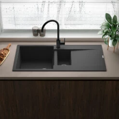 Reginox Amsterdam 1.5 Bowl Black Silvery Granite Composite Kitchen Sink & Waste Kit With Reversible Drainer - 1000 X 500mm -Vado Sale Store reginox amsterdam black silvery 1.5 bowl granite kitchen sink lifestyle 2 v3