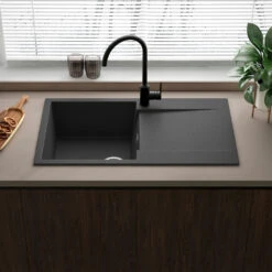 Reginox Amsterdam Compact Single Bowl Grey Silvery Granite Composite Kitchen Sink & Waste Kit With Reversible Drainer - 860 X 500mm -Vado Sale Store reginox amsterdam black silvery single bowl granite kitchen sink lifestyle 2 v3