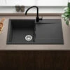 Reginox Amsterdam Compact Single Bowl Grey Silvery Granite Composite Kitchen Sink & Waste Kit With Reversible Drainer - 860 X 500mm -Vado Sale Store reginox amsterdam black silvery single bowl granite kitchen sink lifestyle 3 v3
