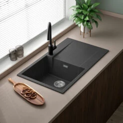 Reginox Amsterdam Compact Single Bowl Grey Silvery Granite Composite Kitchen Sink & Waste Kit With Reversible Drainer - 860 X 500mm -Vado Sale Store reginox amsterdam black silvery single bowl granite kitchen sink lifestyle v3