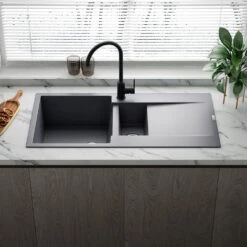 Reginox Amsterdam 1.5 Bowl Black Silvery Granite Composite Kitchen Sink & Waste Kit With Reversible Drainer - 1000 X 500mm -Vado Sale Store reginox amsterdam grey silvery 1.5 bowl granite kitchen sink lifestyle 2