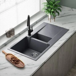 Reginox Amsterdam 1.5 Bowl Black Silvery Granite Composite Kitchen Sink & Waste Kit With Reversible Drainer - 1000 X 500mm -Vado Sale Store reginox amsterdam grey silvery 1.5 bowl granite kitchen sink lifestyle