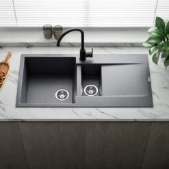 Reginox Amsterdam 1.5 Bowl Black Silvery Granite Composite Kitchen Sink & Waste Kit With Reversible Drainer - 1000 X 500mm -Vado Sale Store reginox amsterdam grey silvery 1.5 bowl granite kitchen sink lifestyle 3