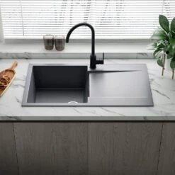 Reginox Amsterdam Compact Single Bowl Grey Silvery Granite Composite Kitchen Sink & Waste Kit With Reversible Drainer - 860 X 500mm -Vado Sale Store reginox amsterdam grey silvery single bowl granite kitchen sink lifestyle 2