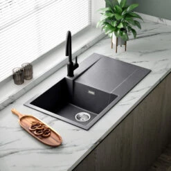 Reginox Amsterdam Compact Single Bowl Grey Silvery Granite Composite Kitchen Sink & Waste Kit With Reversible Drainer - 860 X 500mm -Vado Sale Store reginox amsterdam grey silvery single bowl granite kitchen sink lifestyle