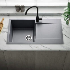 Reginox Amsterdam Compact Single Bowl Grey Silvery Granite Composite Kitchen Sink & Waste Kit With Reversible Drainer - 860 X 500mm -Vado Sale Store reginox amsterdam grey silvery single bowl granite kitchen sink lifestyle 3