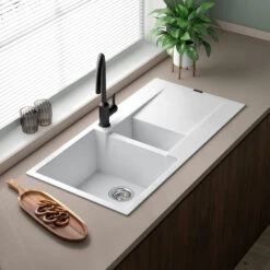 Reginox Amsterdam 1.5 Bowl Black Silvery Granite Composite Kitchen Sink & Waste Kit With Reversible Drainer - 1000 X 500mm -Vado Sale Store reginox amsterdam white 1.5 bowl granite kitchen sink lifestyle
