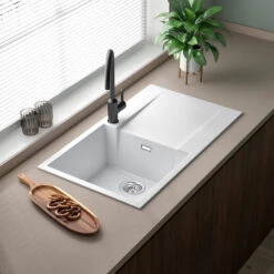 Reginox Amsterdam Compact Single Bowl Grey Silvery Granite Composite Kitchen Sink & Waste Kit With Reversible Drainer - 860 X 500mm -Vado Sale Store reginox amsterdam white single bowl granite kitchen sink lifestyle 2