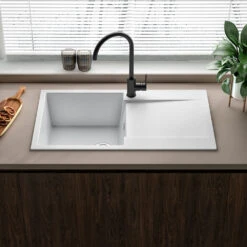 Reginox Amsterdam Compact Single Bowl Grey Silvery Granite Composite Kitchen Sink & Waste Kit With Reversible Drainer - 860 X 500mm -Vado Sale Store reginox amsterdam white single bowl granite kitchen sink lifestyle