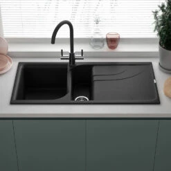 Reginox Ego Ghisa Black Granite 1.5 Bowl Kitchen Sink & Vellamo Savu Mono Pull Out Kitchen Mixer -Vado Sale Store reginox ego black granite 1.5 bowl kitchen sink lifestyle edit 2 1