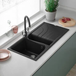 Reginox Ego 1.5 Bowl Ghisa Black Composite Kitchen Sink & Vellamo Revolve Monobloc Mixer Tap -Vado Sale Store reginox ego black granite 1.5 bowl kitchen sink lifestyle edit 2 3
