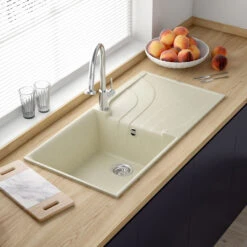 Reginox Ego Cream Granite Composite Large Single Bowl Kitchen Sink With Reversible Drainer & Waste Kit - 1000 X 500mm -Vado Sale Store reginox ego cream granite large 1 bowl kitchen sink lifestyle edit