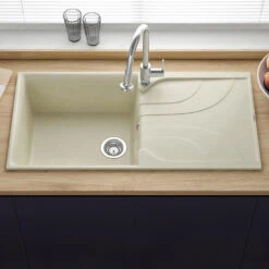 Reginox Ego Cream Granite Composite Large Single Bowl Kitchen Sink With Reversible Drainer & Waste Kit - 1000 X 500mm -Vado Sale Store reginox ego cream granite large 1 bowl kitchen sink lifestyle edit 3