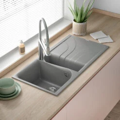 Reginox Ego Titanium Grey Granite Composite 1.5 Bowl Kitchen Sink & Vellamo Caspian Mono Mixer Tap -Vado Sale Store reginox ego grey granite 1.5 bowl kitchen sink lifestyle edit 1