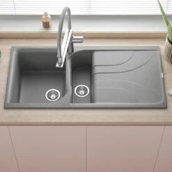 Reginox Ego Titanium Grey Granite Composite 1.5 Bowl Kitchen Sink & Vellamo Caspian Mono Mixer Tap -Vado Sale Store reginox ego grey granite 1.5 bowl kitchen sink lifestyle edit 3 1