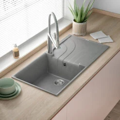 Reginox Ego Cream Granite Composite Large Single Bowl Kitchen Sink With Reversible Drainer & Waste Kit - 1000 X 500mm -Vado Sale Store reginox ego grey granite large 1 bowl kitchen sink lifestyle edit