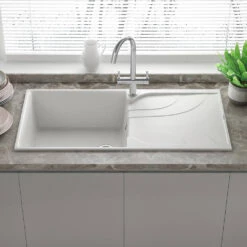 Reginox Ego Cream Granite Composite Large Single Bowl Kitchen Sink With Reversible Drainer & Waste Kit - 1000 X 500mm -Vado Sale Store reginox ego white granite large 1 bowl kitchen sink lifestyle edit 2