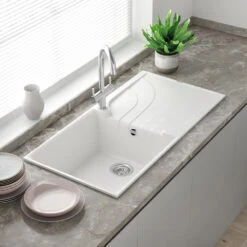 Reginox Ego Cream Granite Composite Large Single Bowl Kitchen Sink With Reversible Drainer & Waste Kit - 1000 X 500mm -Vado Sale Store reginox ego white granite large 1 bowl kitchen sink lifestyle edit