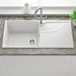 Reginox Ego Cream Granite Composite Large Single Bowl Kitchen Sink With Reversible Drainer & Waste Kit - 1000 X 500mm -Vado Sale Store reginox ego white granite large 1 bowl kitchen sink lifestyle edit 3